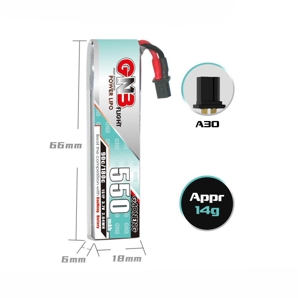 4 Batterie LiPo GNB 550mAh 2S 7.4V 90C Con Connettore XT30 Per Droni FPV TurboBee